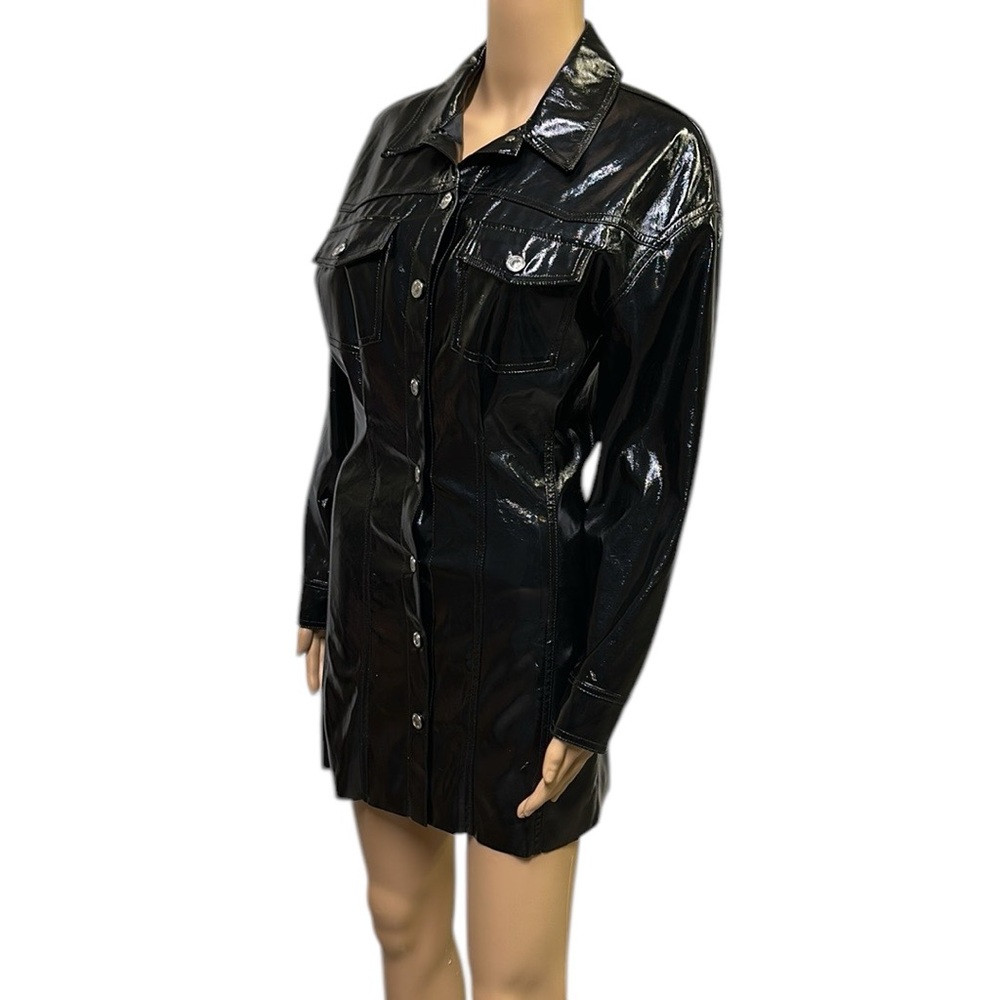 Zara Raeh Black Faux Patent Leather Button Up Long Sleeve Mini Dress Womens XS